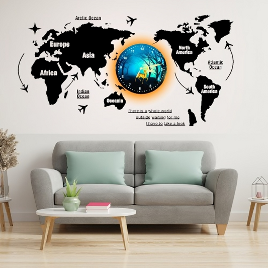 3d Wooden World Map With Esthetic Dial Wall Clock  | Best Quality Wall Clock For Home Decor | Home Decor Clock 40 Inch