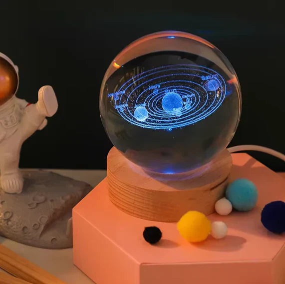 🌌 3D Galaxy Solar System Crystal Ball Night Light with Wooden Base – USB Powered LED Gift Lamp (Random Space Designs)