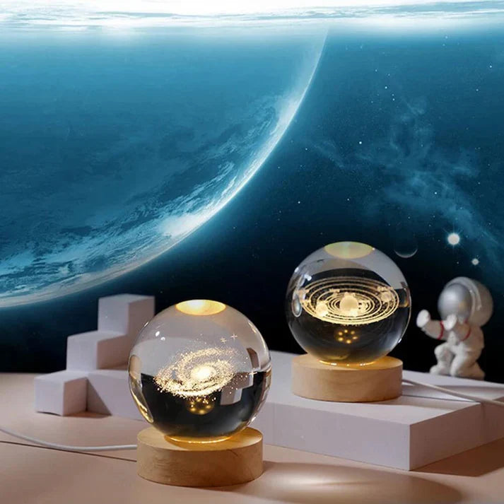 🌌 3D Galaxy Solar System Crystal Ball Night Light with Wooden Base – USB Powered LED Gift Lamp (Random Space Designs)