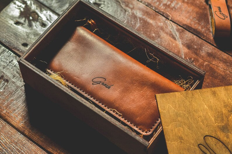 Long personalized Leather Wallet for men
