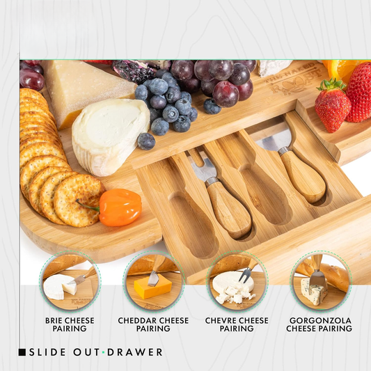 Wooden Bamboo Cheese Board And Knife Set