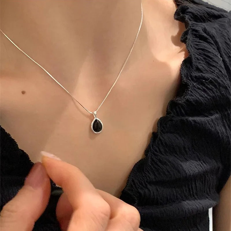 Black Zircon Water Drop Snake Chain Necklace