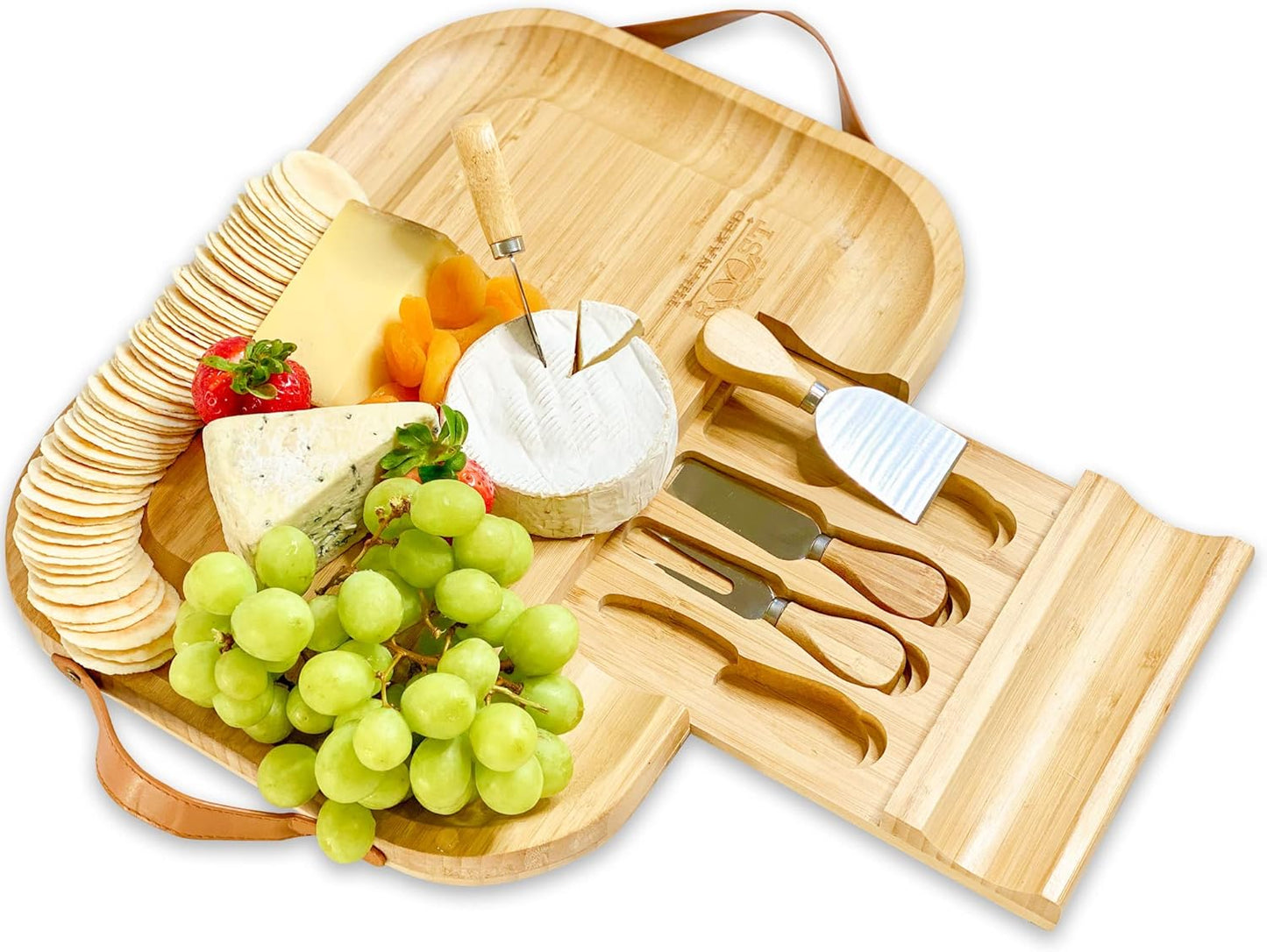 Wooden Bamboo Cheese Board And Knife Set
