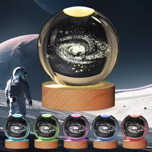 🌌 3D Galaxy Solar System Crystal Ball Night Light with Wooden Base – USB Powered LED Gift Lamp (Random Space Designs)