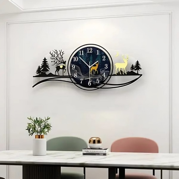 🦌 3D Wooden Deer Forest Wall Clock with Light – Blue Jungle Theme for Bedroom & Living Room