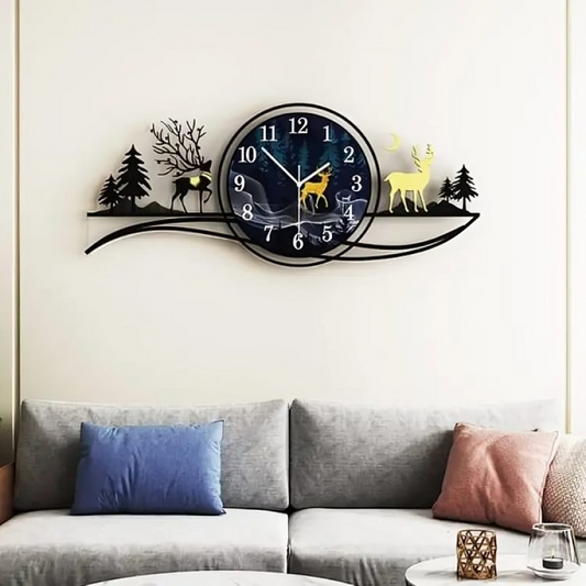 🦌 3D Wooden Deer Forest Wall Clock with Light – Blue Jungle Theme for Bedroom & Living Room