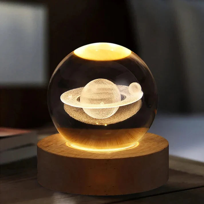 🌌 3D Galaxy Solar System Crystal Ball Night Light with Wooden Base – USB Powered LED Gift Lamp (Random Space Designs)